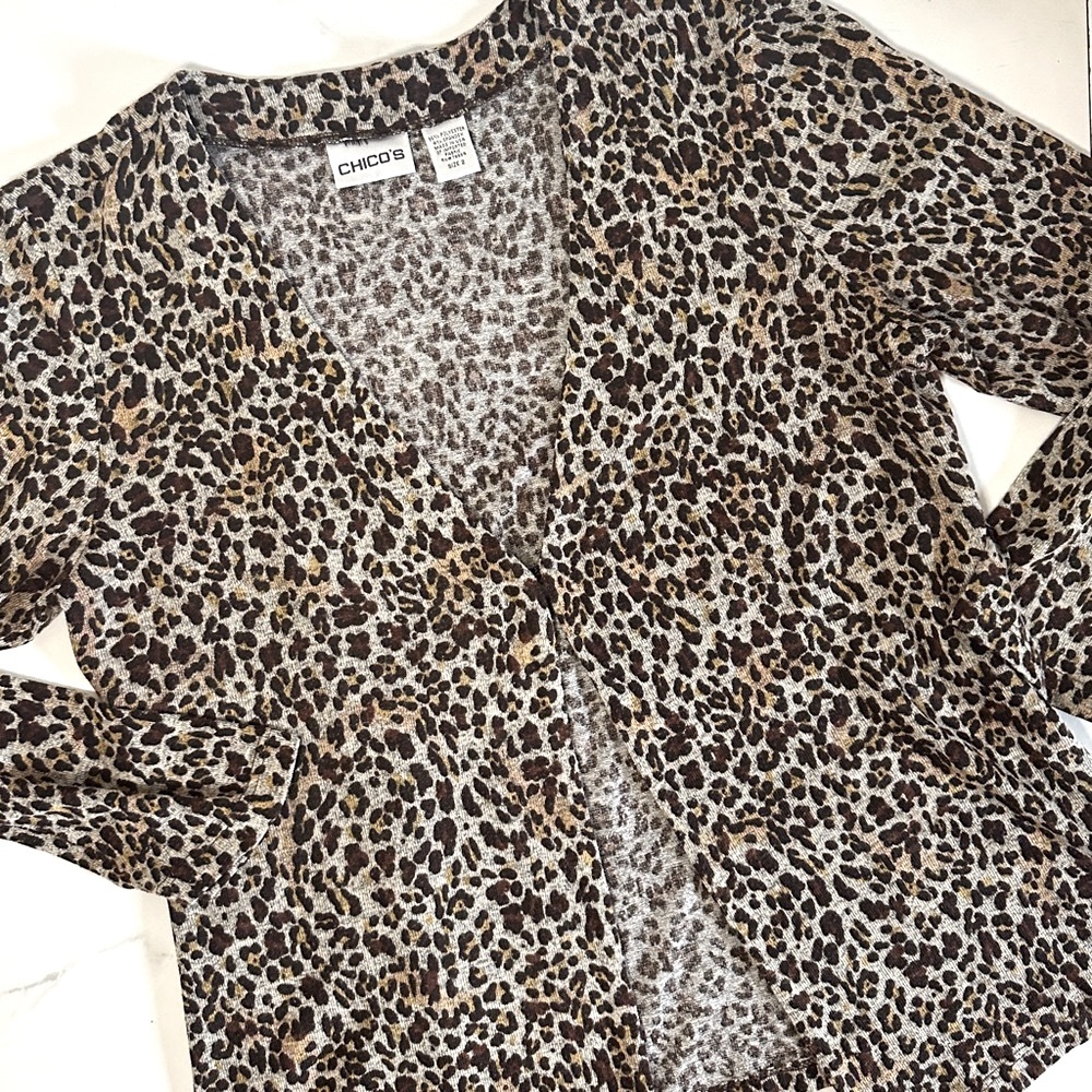 Chico’s Leopard Print Cardigan size L Chicos size 2 Open Front